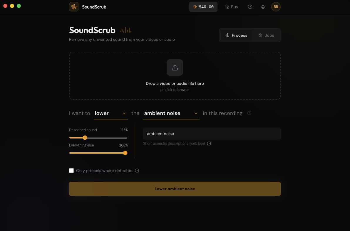 SoundScrub's Lower mode: name the background sound, then set how loud the voice and the background each come back.