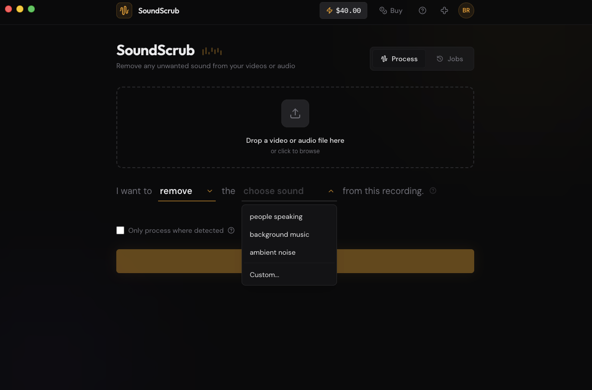 In SoundScrub you drop a clip in, choose Remove or Keep, then pick or type the sound to target.