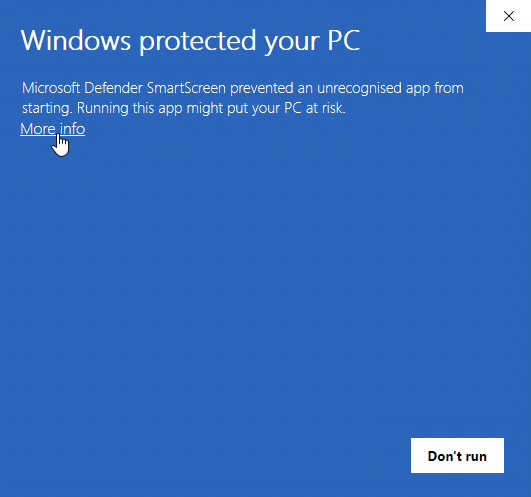 Windows SmartScreen warning, click More info